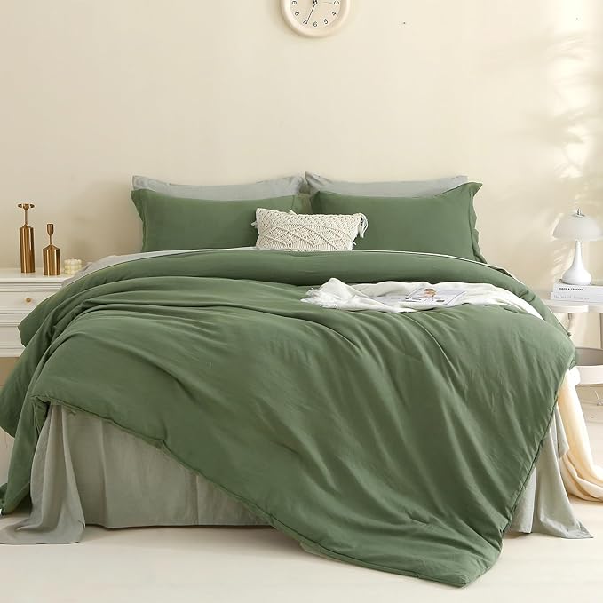 MILDLY Queen Comforter Set 7 Piece Color Clash, Olive Green Bed in a Bag, All Season Bedding Sets with 1 Comforter, 2 Pillow Shams, 2 Pillowcases, 1 Flat Sheet, 1 Fitted Sheet - LeafyLoom