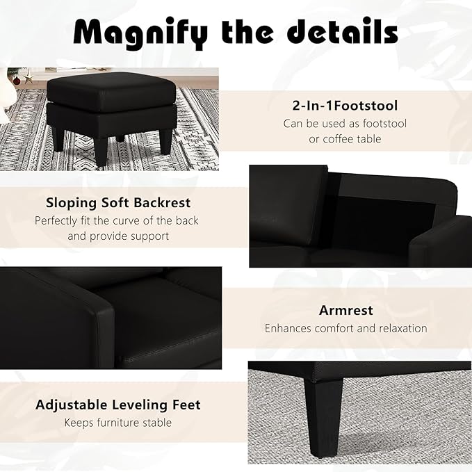 L-Shaped Sectional Modern Sofa - Leather Convertible Sofa Sleeper Sofa Bed Couch Set with Reversible Chaise, Lounge Sofa for Living Room Apartment Small Space (Leather Black) - LeafyLoom