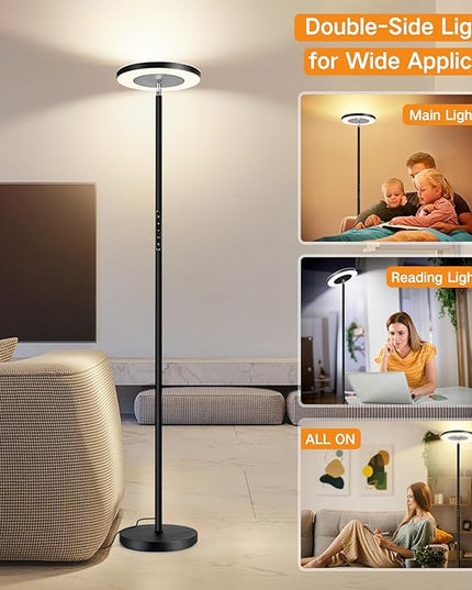 OUTON LED Torchiere Floor Lamp, Super Bright Dimmable Tall Standing Lamp with Remote Touch Control, 4 Color Temperatures, 1-Hour Timer for Living Room, Bedroom, Office (Classic Black) - LeafyLoom