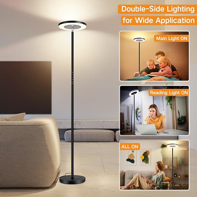 OUTON LED Torchiere Floor Lamp, Super Bright Dimmable Tall Standing Lamp with Remote Touch Control, 4 Color Temperatures, 1-Hour Timer for Living Room, Bedroom, Office (Classic Black) - LeafyLoom