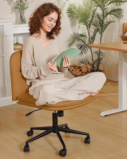 FLEXISPOT Cross Legged Office Chair for Vanity Desk Criss Cross Chair with Wheels Armless Office Chair Vanity Chair Comfy Wide Seat Cushion PU Leather(Brown) - LeafyLoom