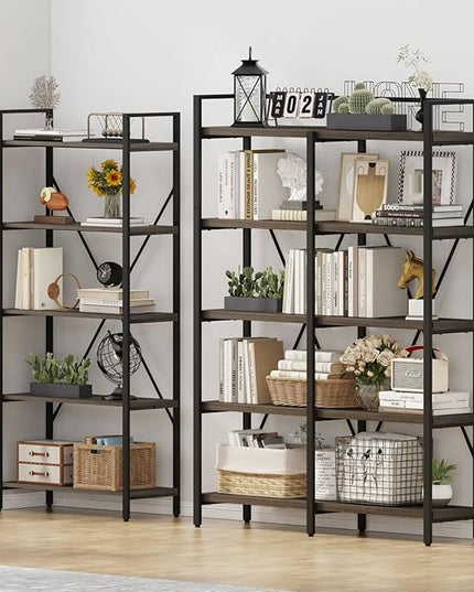 FATORRI 5 Tier Industrial Bookshelf, Rustic Etagere Bookcase for Display, Vintage Shelving Unit Wood and Metal Tall Book Shelves for Home Office (Walnut Brown) - LeafyLoom