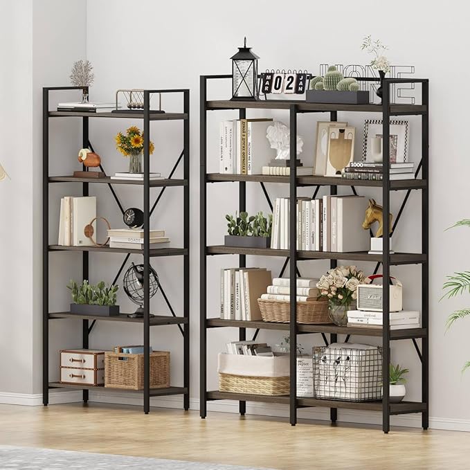FATORRI 5 Tier Industrial Bookshelf, Rustic Etagere Bookcase for Display, Vintage Shelving Unit Wood and Metal Tall Book Shelves for Home Office (Walnut Brown) - LeafyLoom