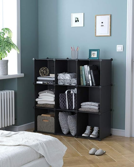 C&AHOME Cube Storage, 9-Cube BookShelf, Plastic Closet Cabinet Organizer, DIY Stackable Bookcase, Modular shelving Units Ideal for Home, Office, Kids Room, 36.6" L x 12.4" W x 48.4" H Black SHS3009A - LeafyLoom