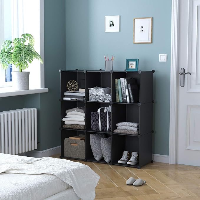 C&AHOME Cube Storage, 9-Cube BookShelf, Plastic Closet Cabinet Organizer, DIY Stackable Bookcase, Modular shelving Units Ideal for Home, Office, Kids Room, 36.6" L x 12.4" W x 48.4" H Black SHS3009A - LeafyLoom