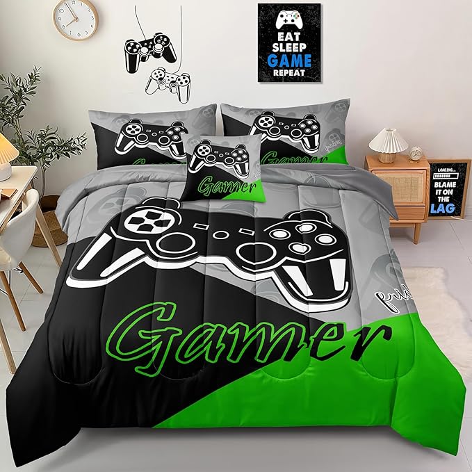 5 Pieces Gaming Bedding Set Twin Size for Boys Gamer Comforter Set for Boys Girls Kids Teens 5 Piece Bed in A Bag Video Game Bedding for Gamer Room Decorative Twin51 - LeafyLoom