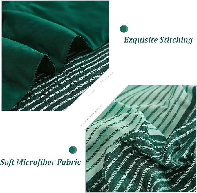 WONGS BEDDING Comforter Set Queen, Reversible Emerald Green Striped Patchwork Down Alternative Comforter for Queen Bed,3 Pieces (1 Comforter+2 Pillowcases), Soft Microfiber Bedding Set 90"×90" - LeafyLoom