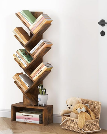 Hoctieon 6 Tier Tree Bookshelf, Tall Bookcase with Drawer, Freestanding Book Shelf, Display Floor Standing Storage Shelf, Book Organizer Shelves for Home Office, Rustic Brown - LeafyLoom
