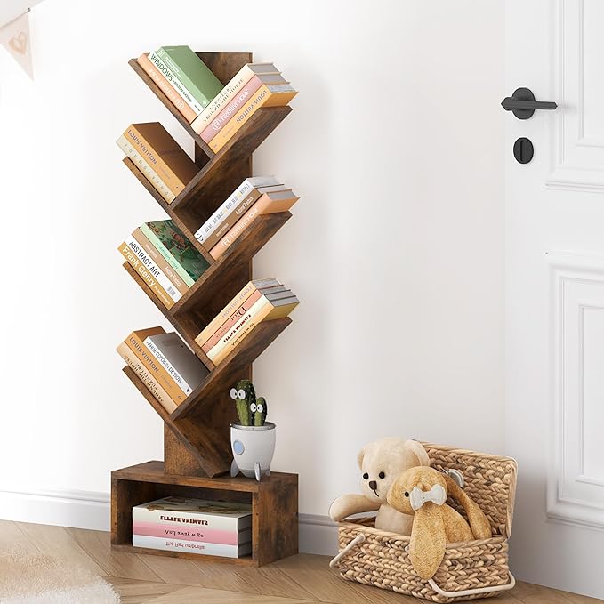 Hoctieon 6 Tier Tree Bookshelf, Tall Bookcase with Drawer, Freestanding Book Shelf, Display Floor Standing Storage Shelf, Book Organizer Shelves for Home Office, Rustic Brown - LeafyLoom