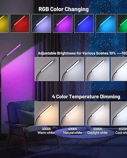 Dimunt LED Floor Lamp, 15W Super Bright RGB Corner Lamp, 3000K-6500K 4 Color Temps Dimmable Floor Lamp, Remote & Touch Control, 1 Hour Timer, Adjustable Gooseneck Standing Lamp for Living Room Home - LeafyLoom