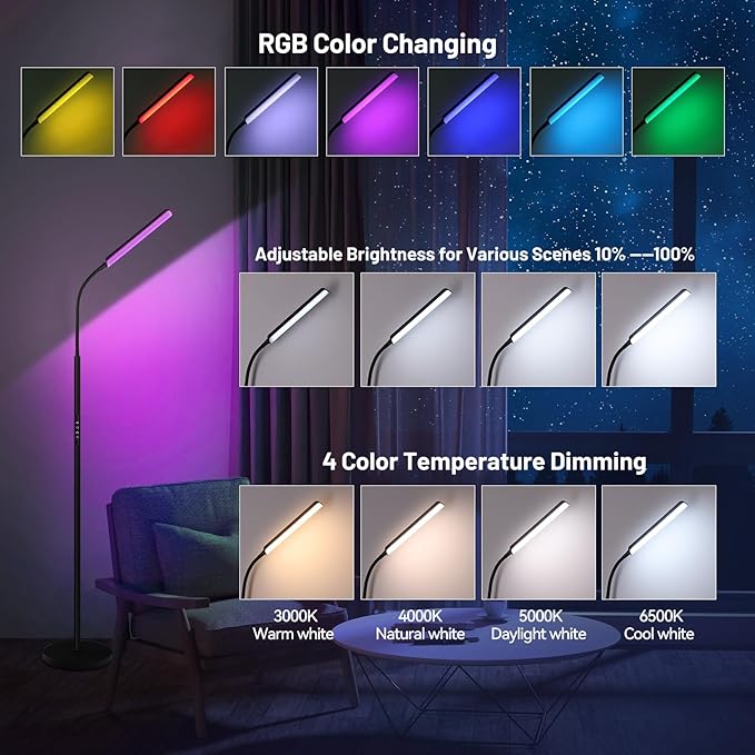 Dimunt LED Floor Lamp, 15W Super Bright RGB Corner Lamp, 3000K-6500K 4 Color Temps Dimmable Floor Lamp, Remote & Touch Control, 1 Hour Timer, Adjustable Gooseneck Standing Lamp for Living Room Home - LeafyLoom
