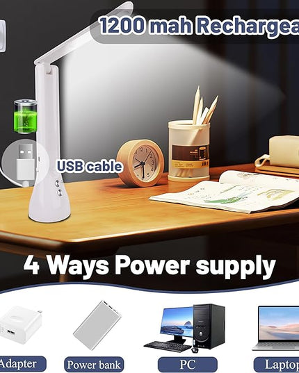 2-in-1 LED Desk Lamp Base with Flashlight for Home Office, Rechargeable, 3 Lighting Modes, Foldable & Portable Light, Cordless Table Bedside lamps, White - LeafyLoom
