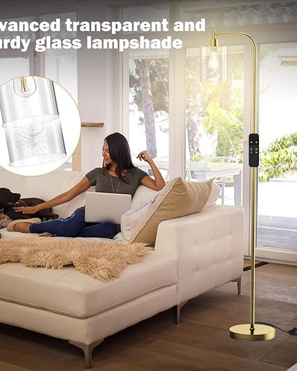PAZZO LED Floor Lamp, Industrial Standing Lamp with Glass Lampshade, Ideal for Living Room, Bedroom, and Office,Gold(includes Remote Control) - LeafyLoom