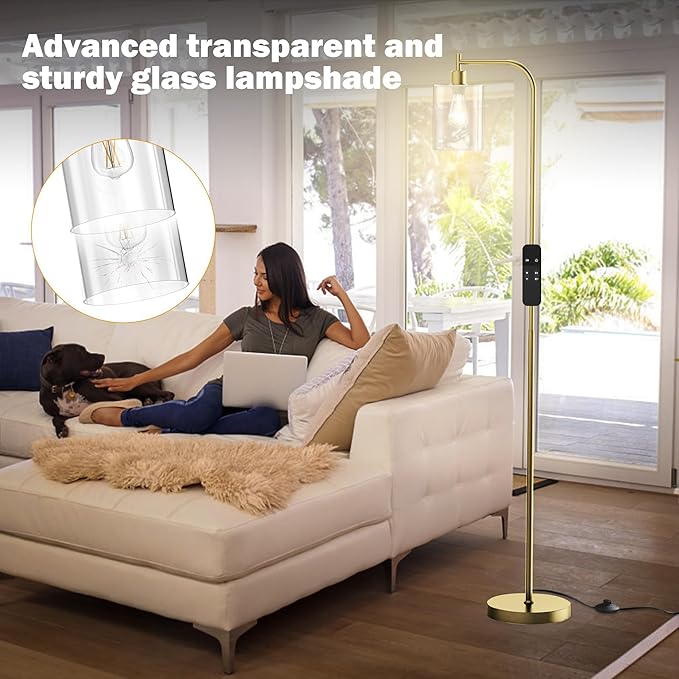 PAZZO LED Floor Lamp, Industrial Standing Lamp with Glass Lampshade, Ideal for Living Room, Bedroom, and Office,Gold(includes Remote Control) - LeafyLoom