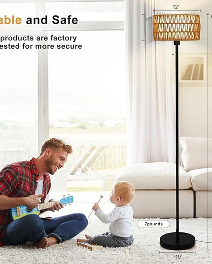 Rattan Floor Lamp for Living Room, Boho Standing Lamp with 3 Color Temperatures, Farmhouse Floor Lamp Wicker Lamp Double Shades, Bohemian Floor Lamps for Bedroom, Office(Black) - LeafyLoom