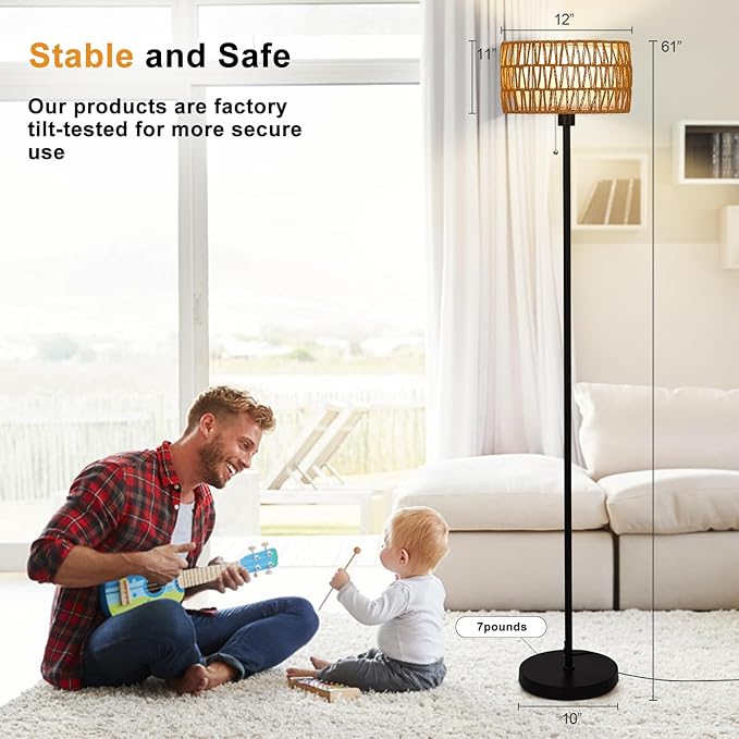 Rattan Floor Lamp for Living Room, Boho Standing Lamp with 3 Color Temperatures, Farmhouse Floor Lamp Wicker Lamp Double Shades, Bohemian Floor Lamps for Bedroom, Office(Black) - LeafyLoom