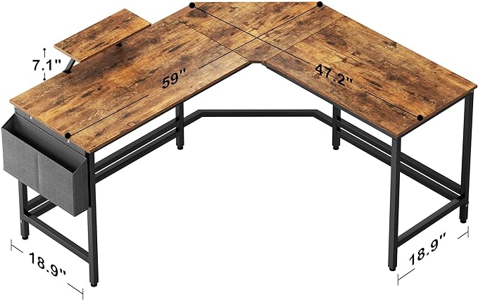 Need L Shaped Computer Desk 59 Inch Gaming Desk with Large Monitor Stand L Desk Corner Desk with Storage Bag for Home Office Writing Rustic Brown - LeafyLoom