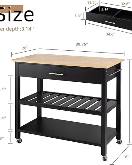 Shintenchi Kitchen Island Cart with Storage,Rolling Kitchen Island Side Table on Wheels with Large Worktop,Storage Cabinet,Towel Rack,Drawers and Open Shelves for Kitchen,Dinning Room,Black - LeafyLoom