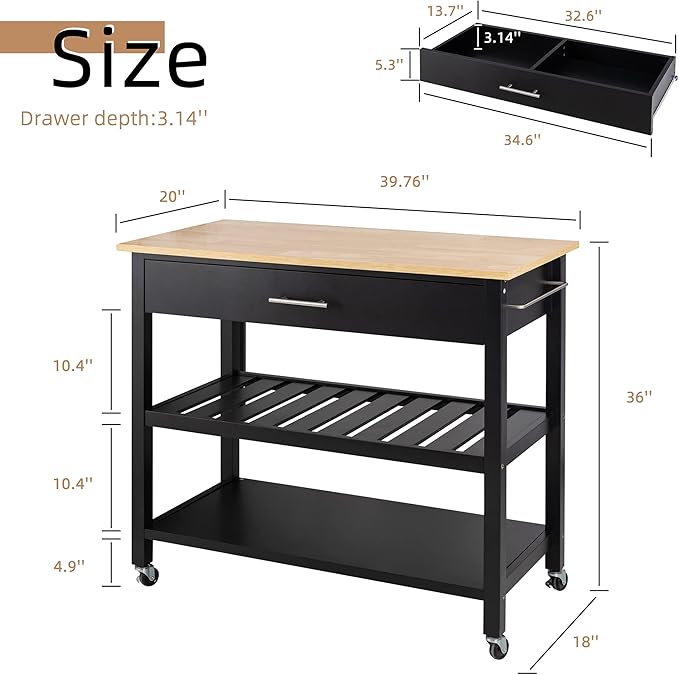 Shintenchi Kitchen Island Cart with Storage,Rolling Kitchen Island Side Table on Wheels with Large Worktop,Storage Cabinet,Towel Rack,Drawers and Open Shelves for Kitchen,Dinning Room,Black - LeafyLoom