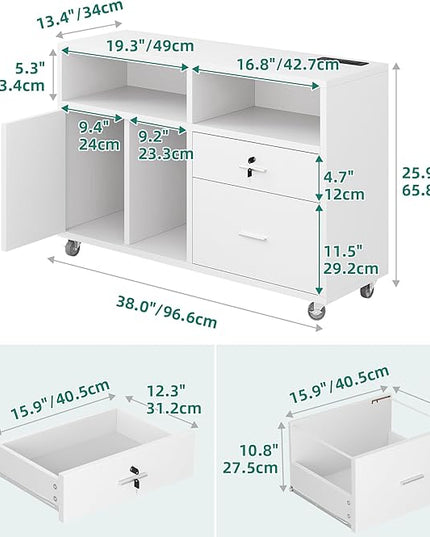 DWVO 2 Drawer File Cabinet with Charging Station, Mobile Filing Cabinet with Lock, White - LeafyLoom