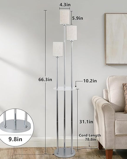Floor Lamps for Living Room, 3-Lights Modern Floor Lamp with Shelves, Chrome Standing Lamp with Fabric Shade and Foot Switch, Shelf Standing Lamps with Table, Tall Lamps for Bedroom Office - LeafyLoom
