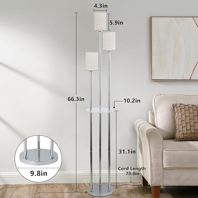 Floor Lamps for Living Room, 3-Lights Modern Floor Lamp with Shelves, Chrome Standing Lamp with Fabric Shade and Foot Switch, Shelf Standing Lamps with Table, Tall Lamps for Bedroom Office - LeafyLoom