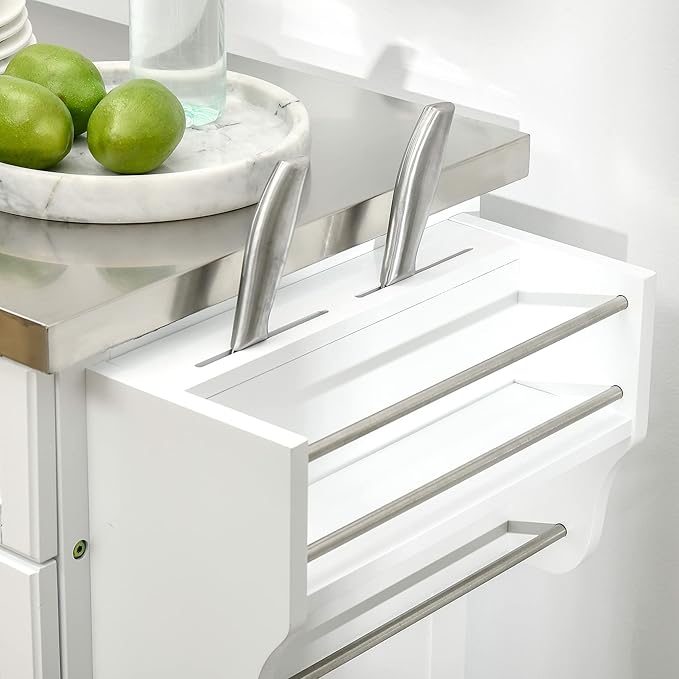 HOMCOM Kitchen Island on Wheels, Rolling Kitchen Cart with Stainless Steel Countertop, Drawer, Towel Rack and Spice Rack, Utility Storage Trolley, White - LeafyLoom