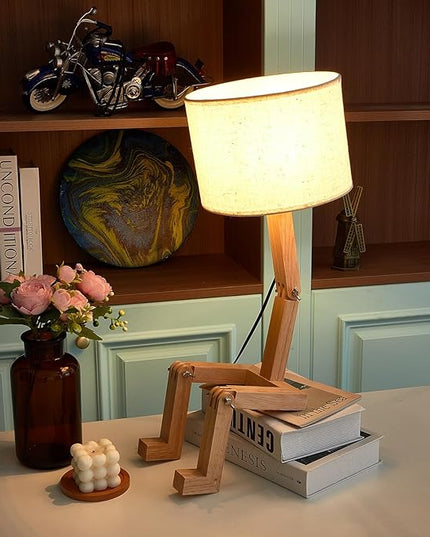 Robot Cute Desk Lamp Novelty Wooden Creative Table Lamp with Wood Base Adjustable Shape Bedside Fun Funky Lamp Reading Wood Lamp DIY Fun Robot Lamp for Bedroom, Office, Study Desk, Kids Room - LeafyLoom