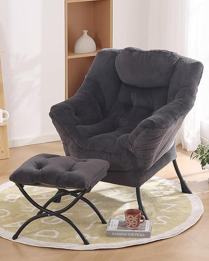 Oversized Chair with Ottoman, Modern Reading Chair, Lounge Accent Chair with Armrests and a Side Pocket for Small Space, Bedroom, Study, Living Room (Plush Dark Grey) - LeafyLoom