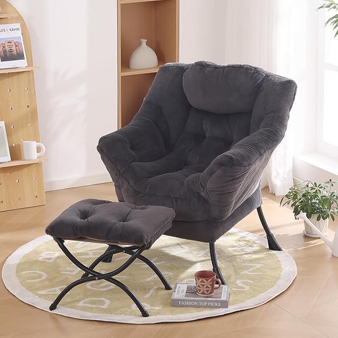 Oversized Chair with Ottoman, Modern Reading Chair, Lounge Accent Chair with Armrests and a Side Pocket for Small Space, Bedroom, Study, Living Room (Plush Dark Grey) - LeafyLoom