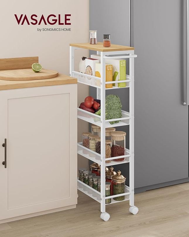 VASAGLE Slim Rolling Cart, 5-Tier Storage Cart, Narrow Cart with Handle, 8.7 Inches Deep, Metal Frame, for Kitchen, Dining Room, Living Room, Home Office, Oak Beige and White ULRC035W09 - LeafyLoom