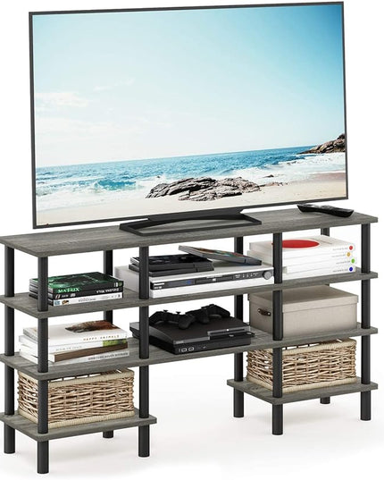 Furinno Turn-N-Tube 4-Tier Multipurpose Wide Shelf TV Stand, French Oak Grey/Black - LeafyLoom
