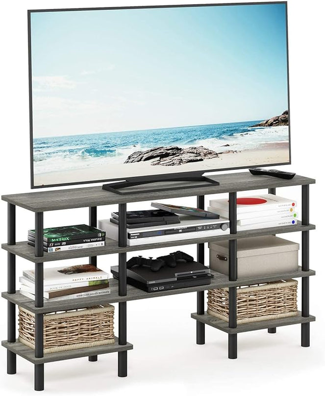 Furinno Turn-N-Tube 4-Tier Multipurpose Wide Shelf TV Stand, French Oak Grey/Black - LeafyLoom
