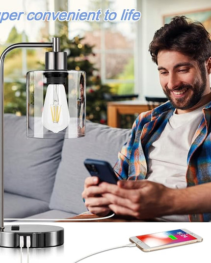 Industrial Touch Control Table Lamps Set of 2 - Black Nickel Bedside Lamps with 2 USB Ports & AC Outlet, 3-Way Dimmable Nightstand Desk Lamp for Bedroom Living Room, Glass Shade & 2 LED Bulbs Included - LeafyLoom