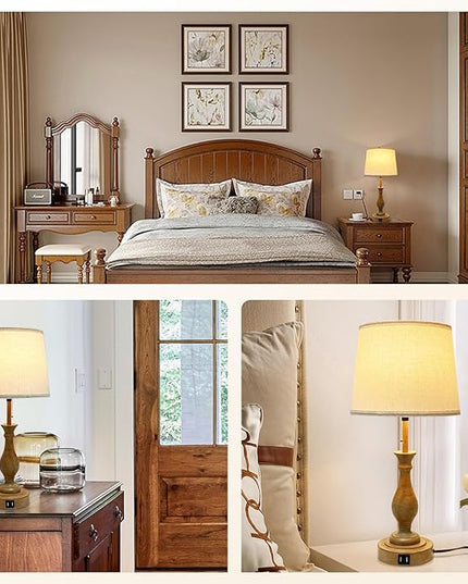 Farmhouse Table Lamp 3-Way Dimmable Table Lamp, Modern Nightstand Lamp with 2 USB Port Pull Chain Bedside Desk Lamp with Fabric Shade for Living Room Bedroom Hotel (Metal-Pack-02) - LeafyLoom