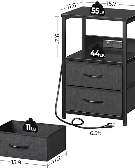 Seventable Nightstand set of 2 with Charging Station, Bedside table with LED Lights, Night stand with 2 Fabric Drawers, 3-Tier Storage End Table for Bedroom, Black - LeafyLoom