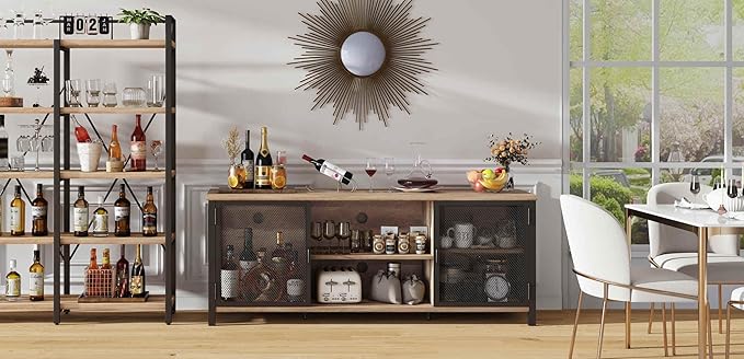 FATORRI Industrial Entertainment Center for TVs up to 65 Inch, Rustic Wood TV Stand, Large TV Console and TV Cabinet for Living Room (60 Inch Wide, Rustic Oak) - LeafyLoom