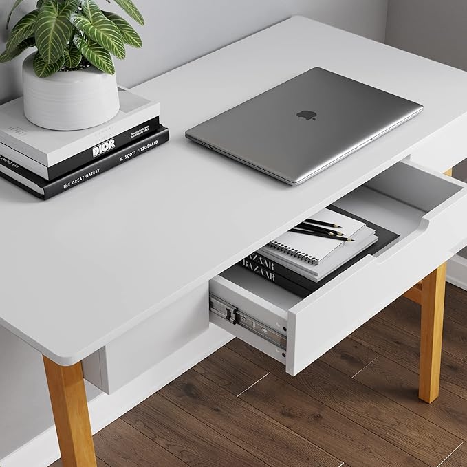 Nathan James Jacklyn Modern Home Office Writing Desk, White/Brown - LeafyLoom