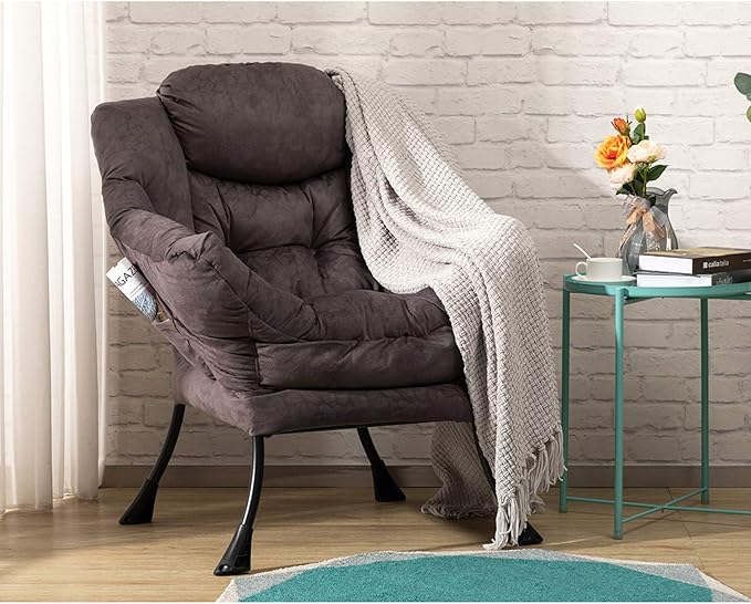 AbocoFur Modern Fabric Large Lazy Chair, Accent Oversized Comfy Reading Chair, Thick Padded Cozy Lounge Chair with Armrest, Steel Frame Leisure Sofa Chair for Living Room, Bedroom, Dorm, Coffee - LeafyLoom