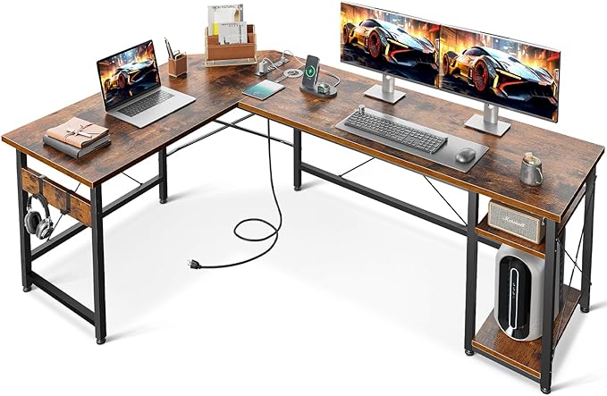 Coleshome L Shaped Computer Desk 66" with Power Outlet & Storage Shelves, Corner Sturdy Writing Desk Workstation, Modern Wooden Office Gaming Desk, Wood & Metal, Vintage - LeafyLoom