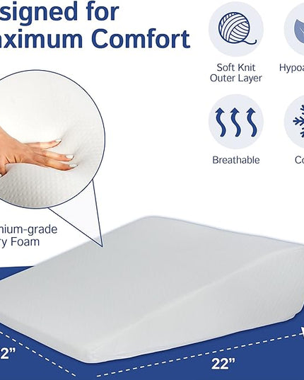 Bed Wedge Pillow With Memory Foam Top 7.5in - Ideal For Comfortable, Restful Sleeping - Wedge Pillow Neck & Back Pain Relief, Acid Reflux, Snoring, Heartburn, Allergies - Versatile & Washable Cover - LeafyLoom