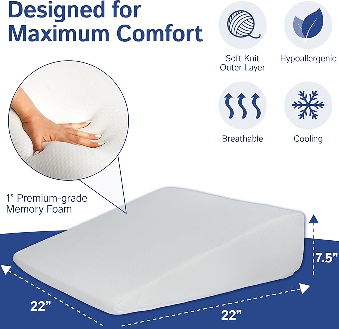 Bed Wedge Pillow With Memory Foam Top 7.5in - Ideal For Comfortable, Restful Sleeping - Wedge Pillow Neck & Back Pain Relief, Acid Reflux, Snoring, Heartburn, Allergies - Versatile & Washable Cover - LeafyLoom