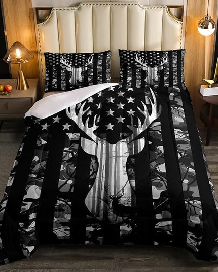 Camo American Flag Comforter Set Full,Deer Antlers Silhouette Bedding Set,Black Grey Camouflage Quilt Set 3 Pcs for Kids Teens Adults Room Decor, Wild Animal Natural Duvet Insert with 2 Pillowcases - LeafyLoom