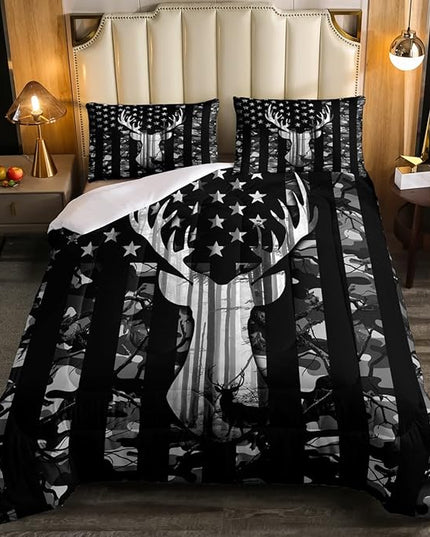 Black Grey Camo Comforter Set Queen,Camouflage American Flag Bedding Set, Deer Antlers Silhouette Quilt Set 3 Pcs for Kids Teens Adults Room Decor,Wild Animal Natural Duvet Insert with 2 Pillowcases - LeafyLoom