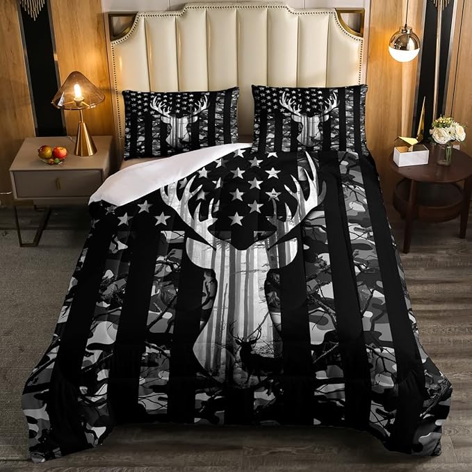 Black Grey Camo Comforter Set Queen,Camouflage American Flag Bedding Set, Deer Antlers Silhouette Quilt Set 3 Pcs for Kids Teens Adults Room Decor,Wild Animal Natural Duvet Insert with 2 Pillowcases - LeafyLoom