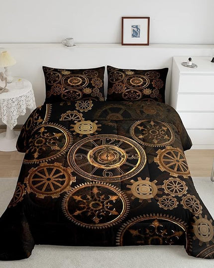 Golden Ndustrial Gear Comforter Set King Size Steampunk Style Bedding Set Clocks Theme Bedding Sets & Collections for Kids Boys Teens Men Mechanical Device Quilt Set,Retro Style Bedroom Decor - LeafyLoom