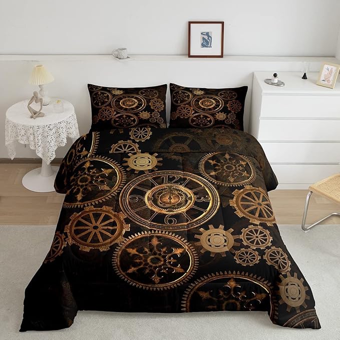 Golden Ndustrial Gear Comforter Set King Size Steampunk Style Bedding Set Clocks Theme Bedding Sets & Collections for Kids Boys Teens Men Mechanical Device Quilt Set,Retro Style Bedroom Decor - LeafyLoom