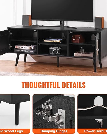 VEVOR Rattan TV Stand, Boho TV Cabinet for 55 inch TV, Mid Century Modern TV Stand, Rattan TV Console with Adjustable Shelfs for Living Room, Media Room, Black - LeafyLoom