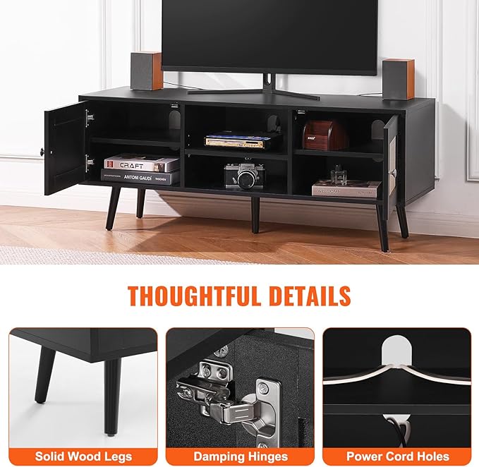 VEVOR Rattan TV Stand, Boho TV Cabinet for 55 inch TV, Mid Century Modern TV Stand, Rattan TV Console with Adjustable Shelfs for Living Room, Media Room, Black - LeafyLoom