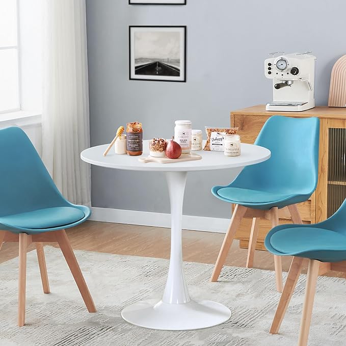 Round White Dining Table Modern Kitchen Table 31.5" with Pedestal Base in Tulip Design, Mid-Century Leisure Table for 2 to 4 Person - LeafyLoom
